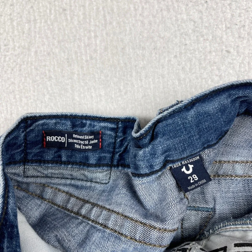 True Religion Rocco Jeans Mens 29 Blue Distressed Relaxed Skinny Side Zip Moto